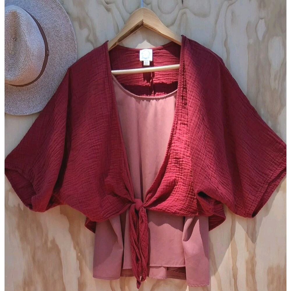 Boho Cotton Gauze Tie-Front Kimono / Pink Red Sz S/M Soft Surroundings